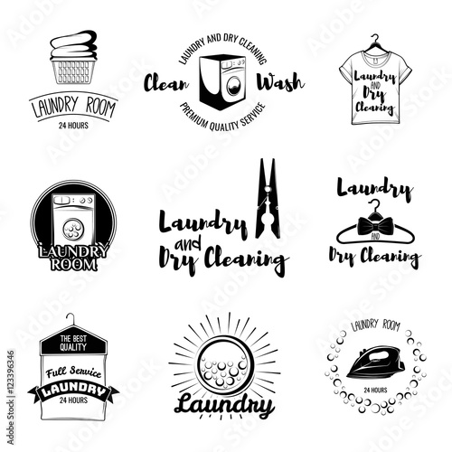 The Laundry basket. Washing Machine. A Clothes hanger. The t-shirt. Sportive T-Shirt. Case For Clothes. Iron. Dry cleaning. Labels and Badges Set. Illustration Vector