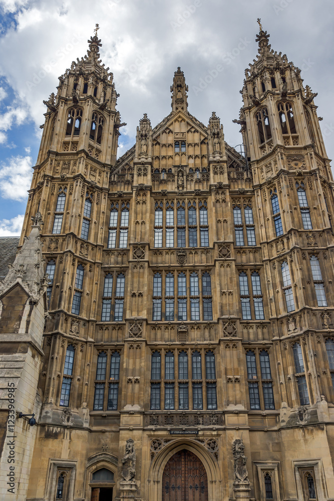 Frontal view of Houses of Parliament, Palace of Westminster,  London, England, Great Britain