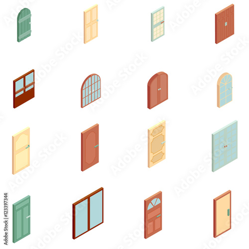Doors icons set. Isometric illustration of 16 doors vector icons for web