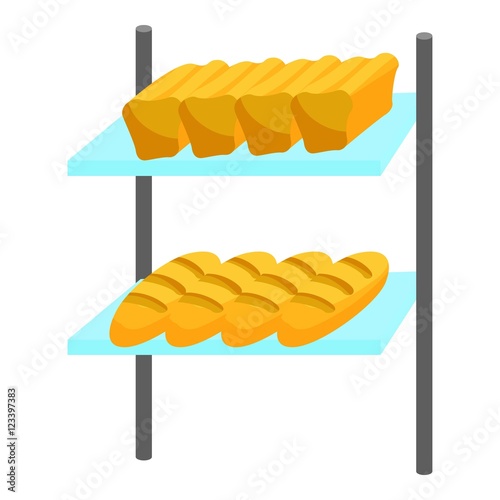 Loaves of bread on shelves icon. Cartoon illustration of bread on shelves vector icon for web