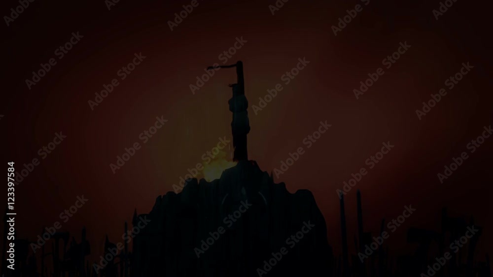 a Male or a Female Burning on a Stake While Armed Mob is Cheering
