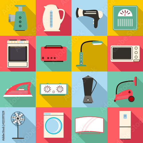 Household appliances icons set. Flat illustration of 16 household appliances vector icons for web