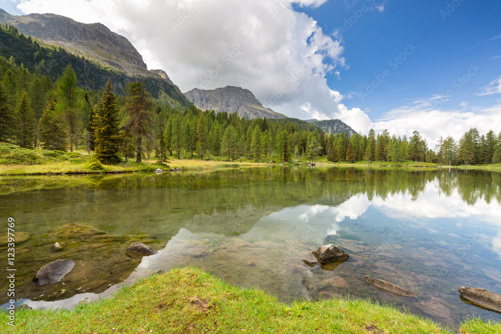Lake San Pellegrino on pass San Pellegrino, near Val di Fassa, Dolomites mountains, Italy