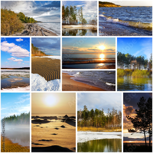 Collage with photos of the Siberian river Ob