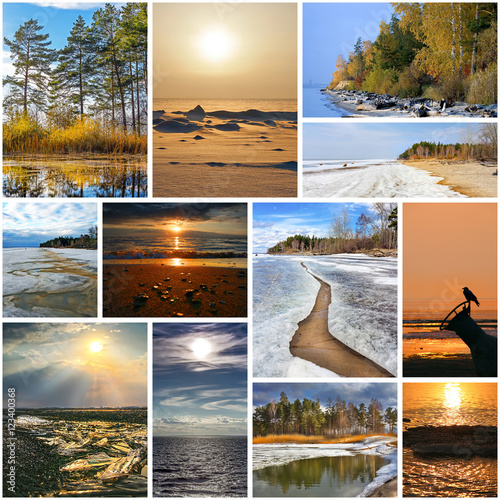 Collage with photos of the Siberian river Ob