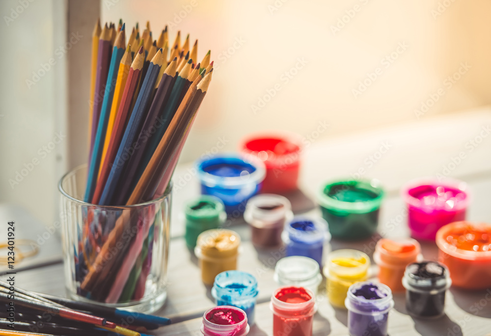 Colored pencils and paint Colored pencils and paint
