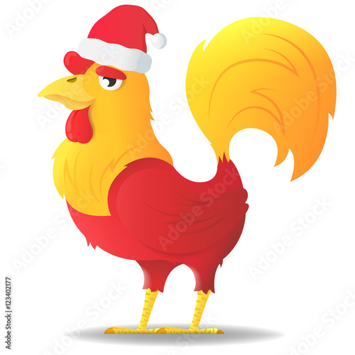 Cartoon cute fire red cock in santa's hat. Symbol of the Chinese new year fire rooster.