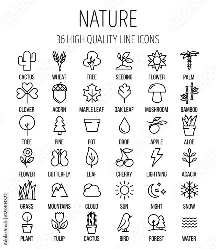 Set of nature icons in modern thin line style.