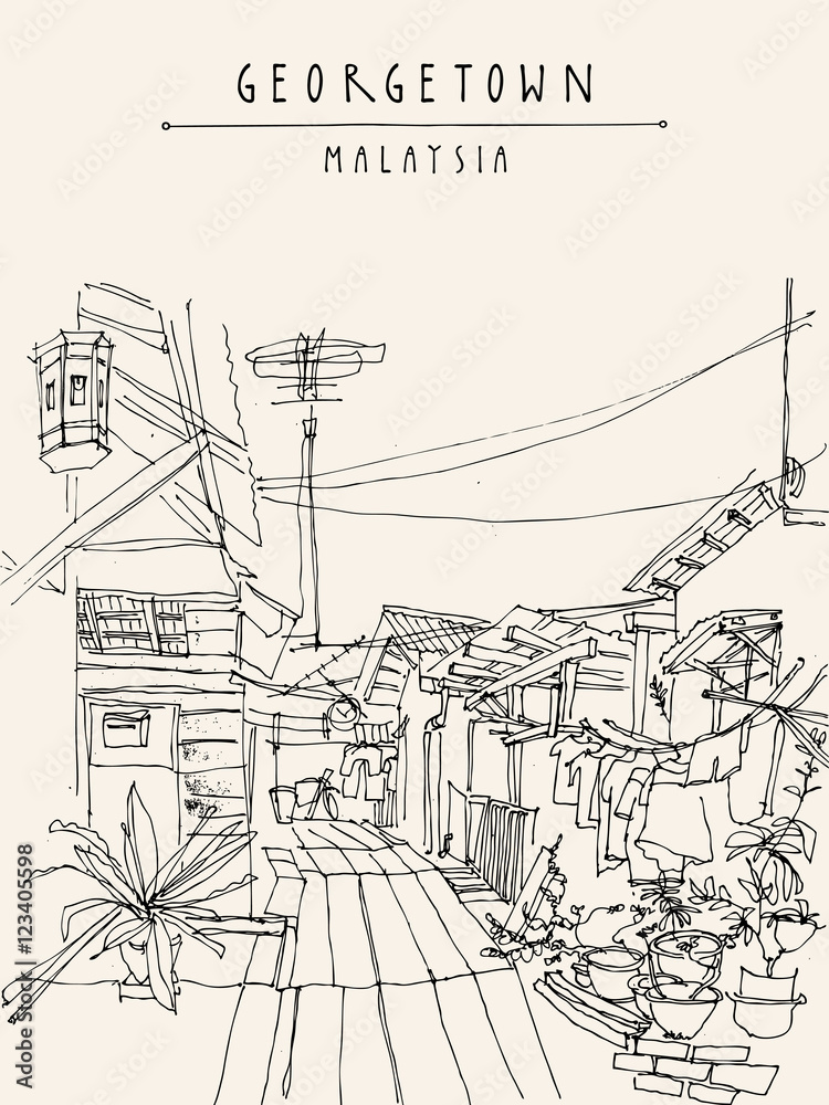 Georgetown, Malaysia, Southeast Asia. Traditional wooden houses on water, plants, electric wires. Artistic drawing. Touristic postcard