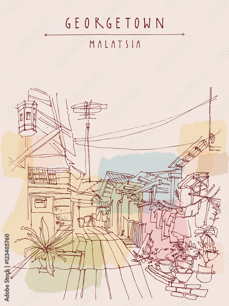 Georgetown, Malaysia, Southeast Asia. Traditional wooden houses on water, plants, electric wires. Artistic drawing. Touristic postcard