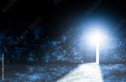Wood doors opening with old cement wall and light coming in.