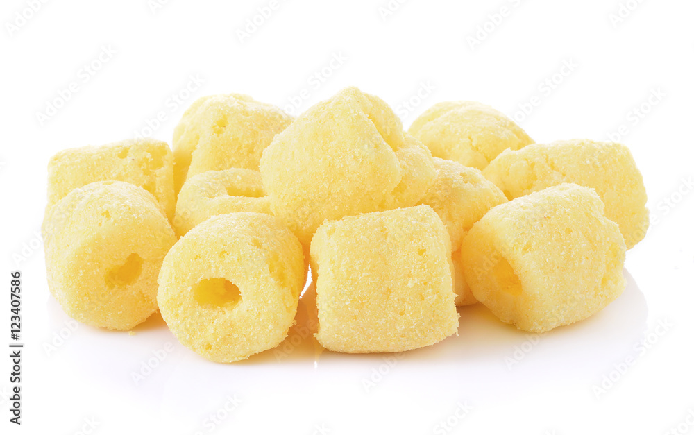 Crunchy corn snacks on a white background Crunchy corn snacks on a white background