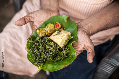 Indigenous meal on a leaf plate in Jharkhand, India. All vegetables are uncultivated; the Adivasi people collected them in the woods.