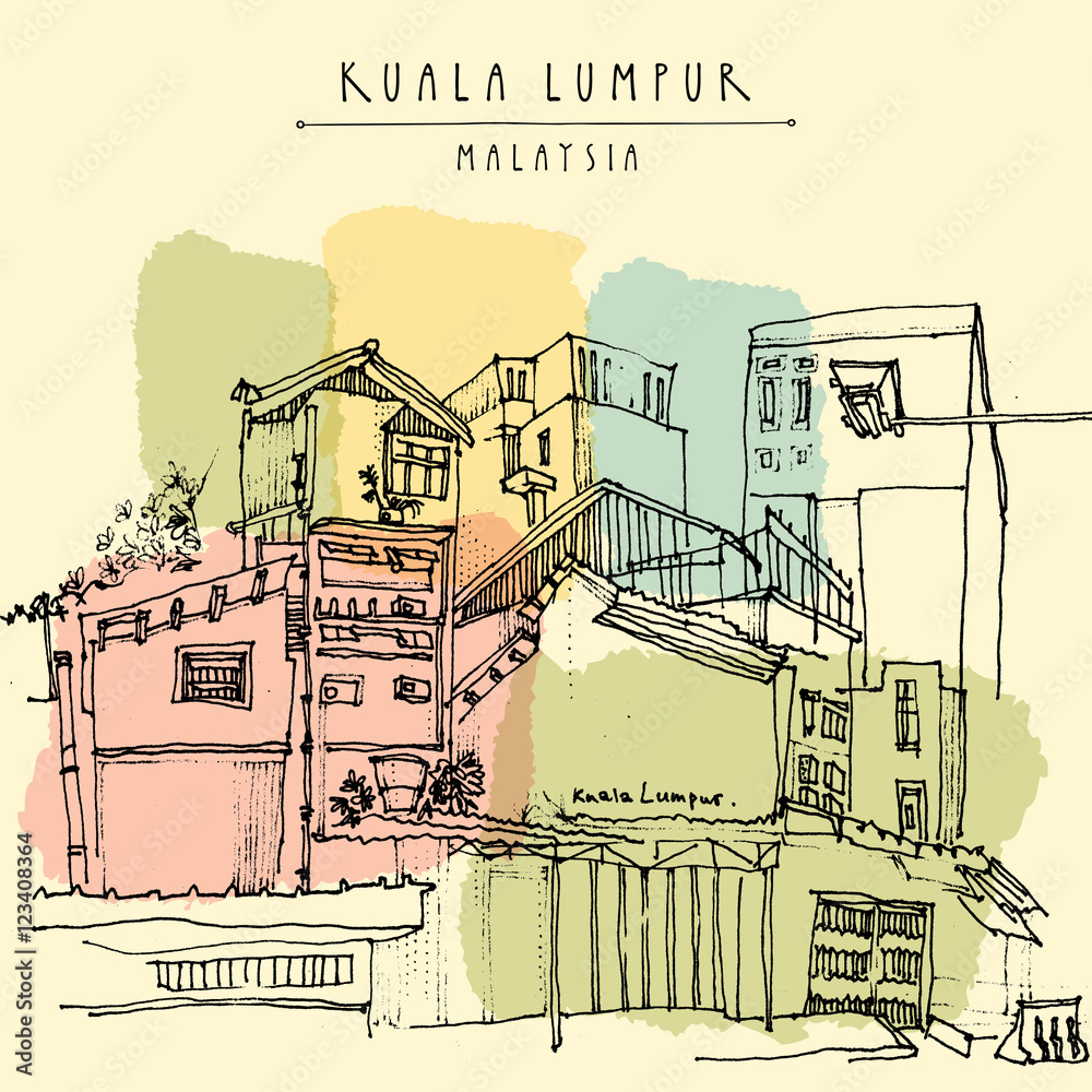 Kuala Lumpur, Malaysia. Casual view of buildings in China Town. Travel postcard template with freehand sketchy drawing and hand lettered title