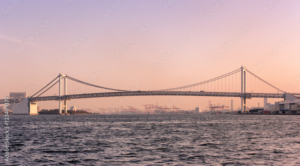 Landscape bridge and tower at evening in japan Landscape bridge and tower at evening in japan