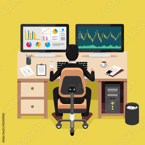Businessman working on computer to analyse stock exchanges