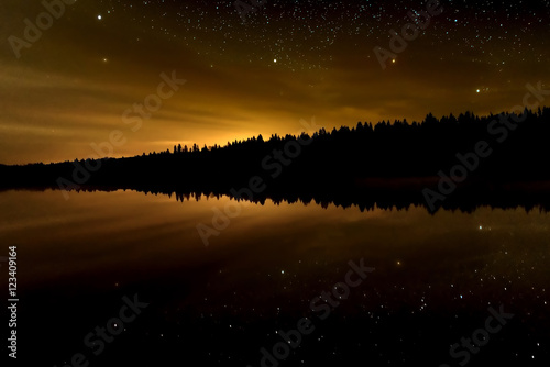 star lake sky forest reflection