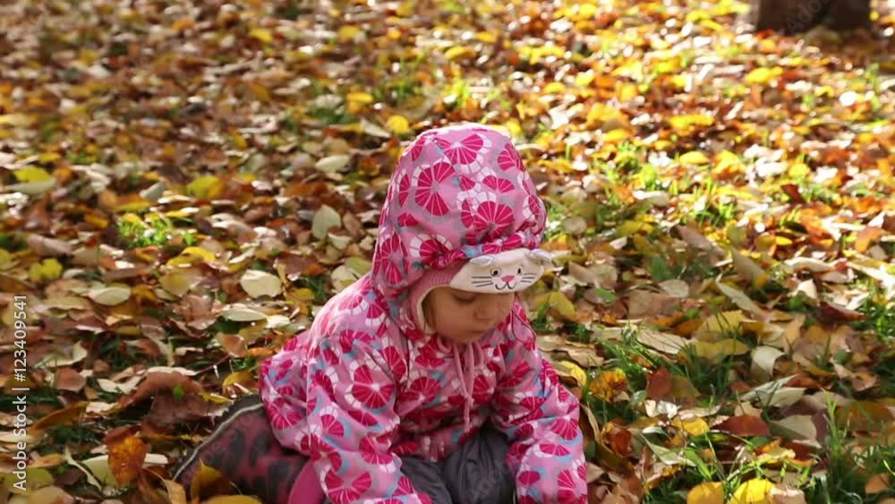 The child throws dry leaves into the camera. Walking in the autumn park. The child throws dry leaves into the camera. Walking in the autumn park.