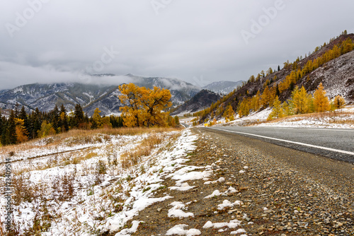 road mountains asphalt autumn snow