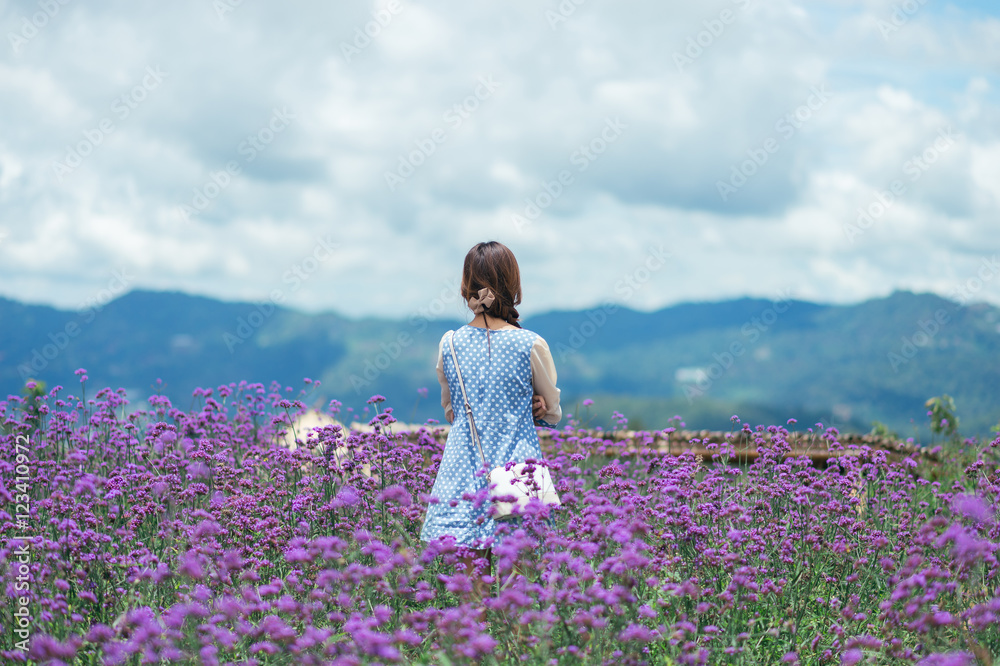 Back view of asia woman in the verbina field