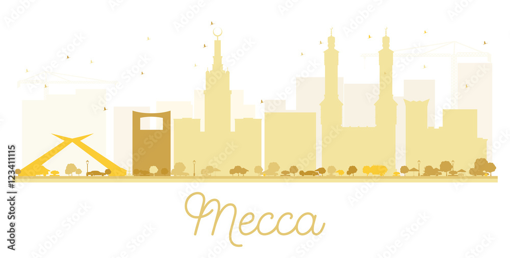 Mecca City skyline golden silhouette.