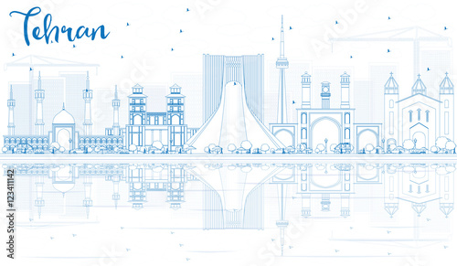 Outline Tehran Skyline with Blue Landmarks and Reflections.