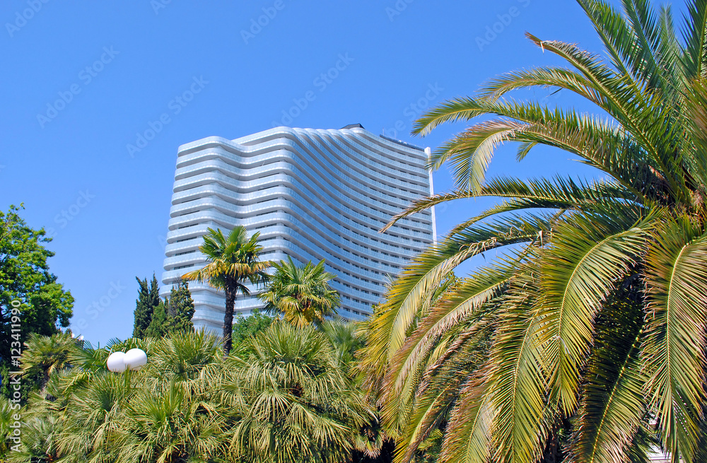 Фрагмент современного отеля среди пальм