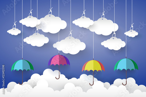 Full color Umbrella with Cloud in Blue sky Paper art Style.vect