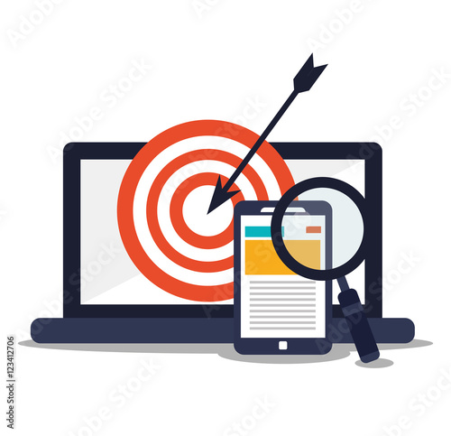 Laptop target smartphone and lupe icon. Digital marketing ecommerce shopping online and media theme. Colorful design. Vector illustration