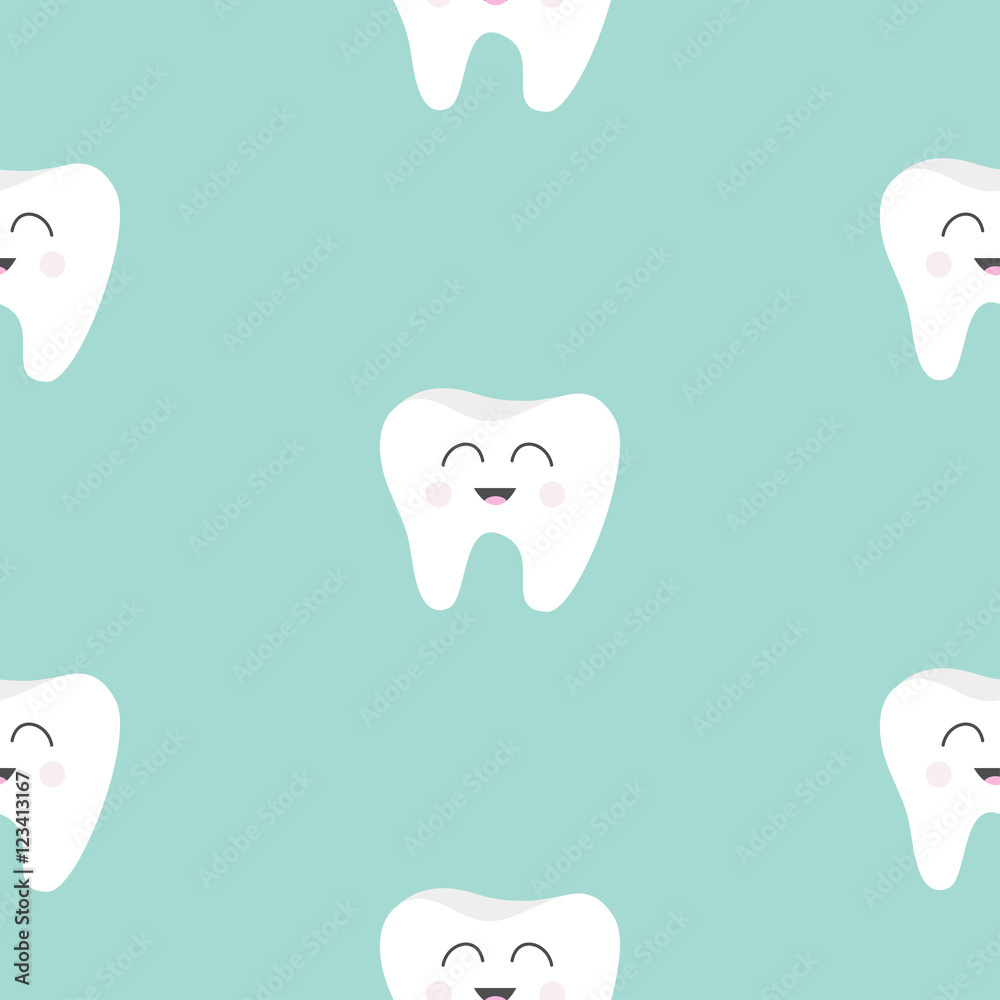 Seamless Pattern Tooth health. Cute funny cartoon smiling character ...