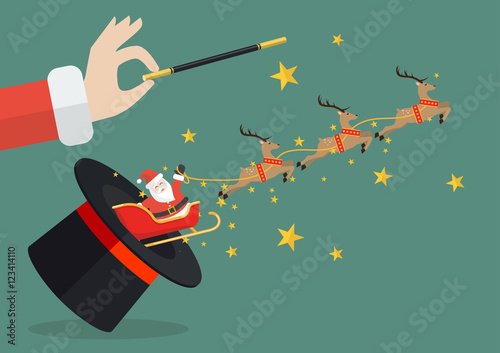 Santa claus with reindeer sleigh flying out of the magic hat