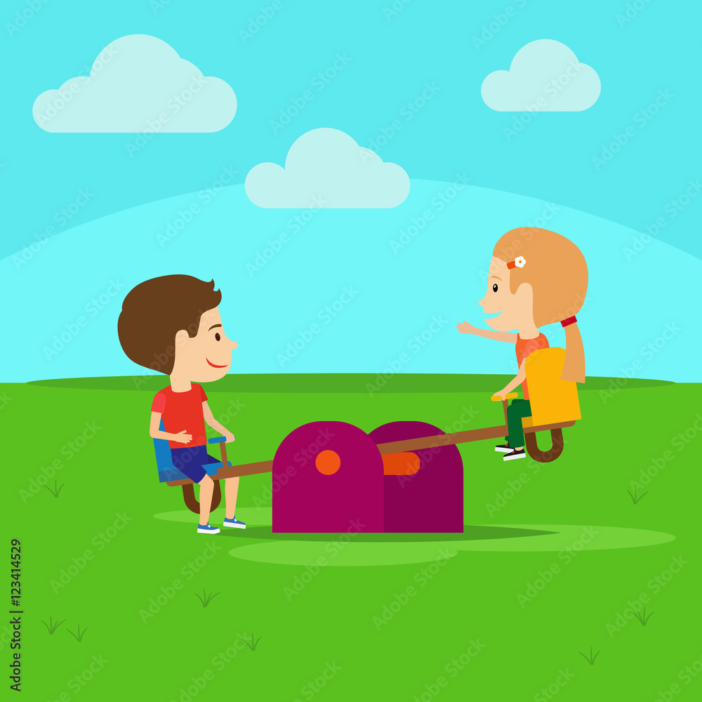 Boy and girl on playground cartoon vector illustration