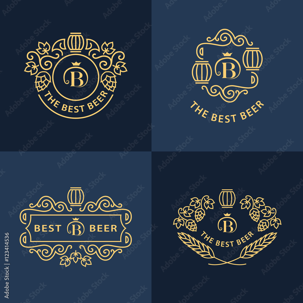 Line graphics monograms. Logo design. Flourishes frame ornament template with barrel , hops and leaves for logos, labels, emblems for beer house, bar, pub, brewing company, brewery, tavern. Vector set