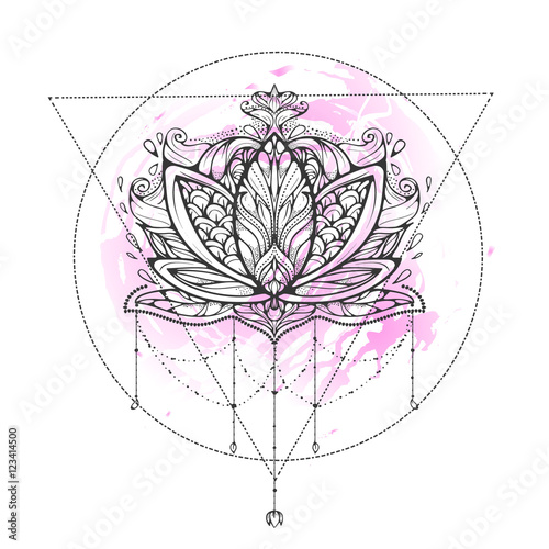 Lotus flower dream-catcher ornamental illustration with watercolor background. Ethnic, bohemian art. Tattoo, astrology, alchemy, boho and magic symbol.