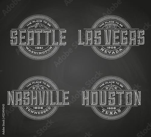 Linear logos for Las Vegas, Seattle, Nashville, Houston on chalkboard background