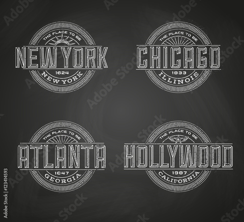 Linear logos for New York, Chicago, Atlanta, Hollywood on chalkboard background