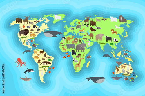 Animals world map for kids wallpaper design. Vcetro illustration
