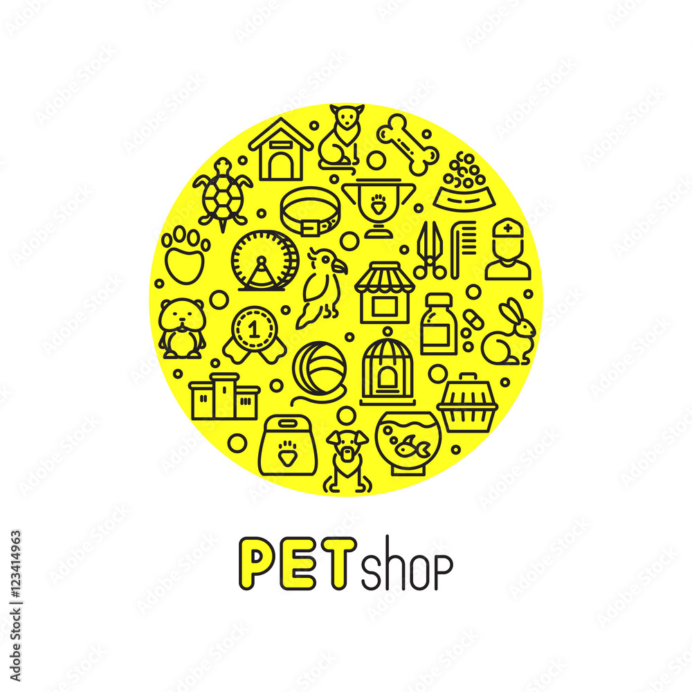 Pet shop and vet clinic vector logo with line icons of cats, dogs