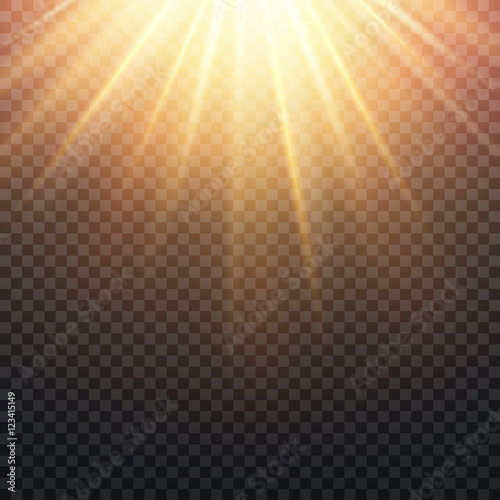 Realistic transparent yellow sun rays, warm orange flare effect isolated on checkered background