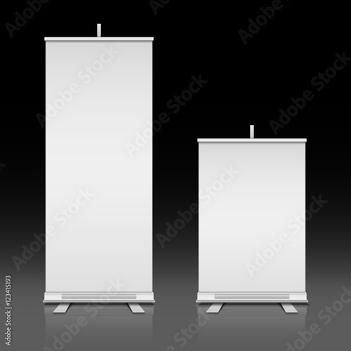 Blank white roll up standing vector banners set