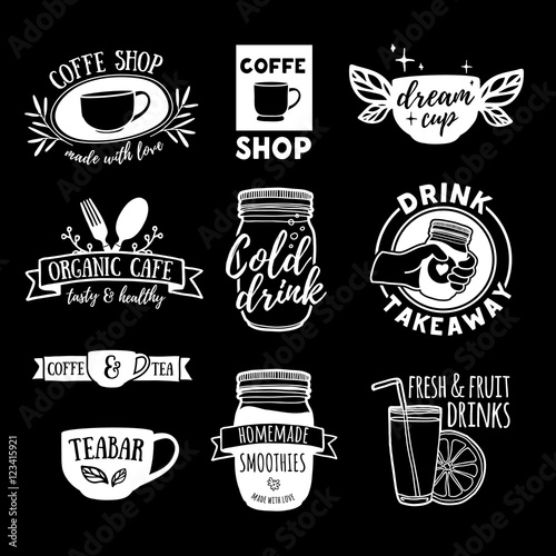 Set retro vintage logos for coffee shop, tea bar. Logos with juice, smoothies and a cup of tea. Symbol, label, badge for store with drinks. Silhouettes of utensils for the cafe. Vector.