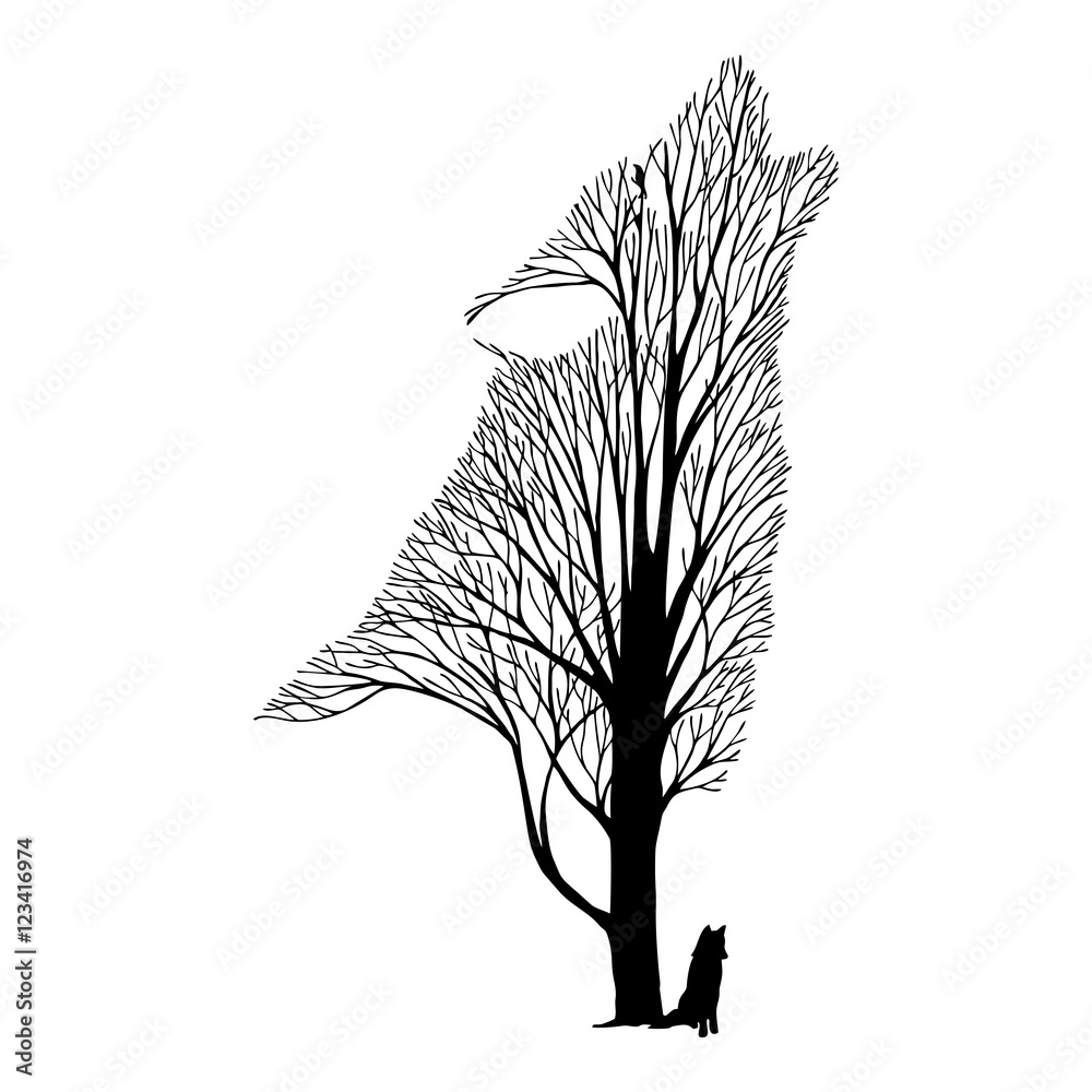 Naklejka premium Wolf howl blend tree drawing tattoo vector
