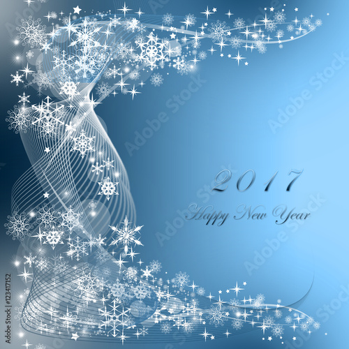 snowflakes and stars descending on blue background, Happy New Year 2017