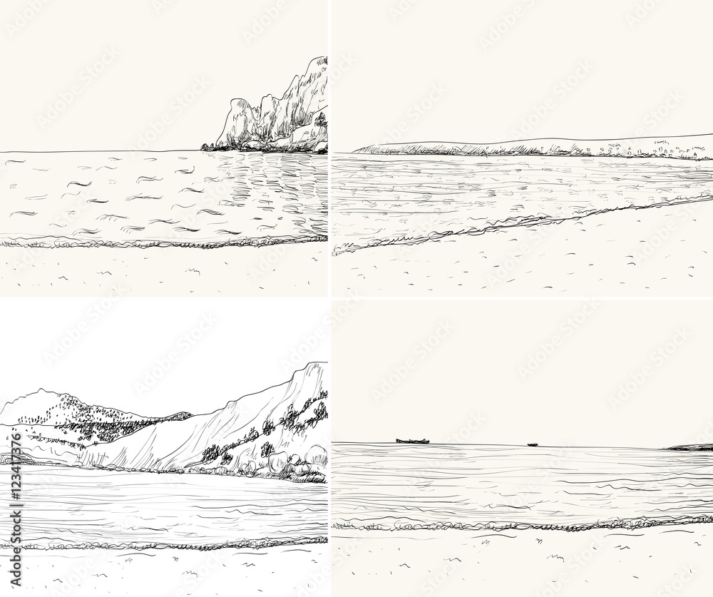 Fototapeta premium Vector summer seascape sketch. Seaside view and beach