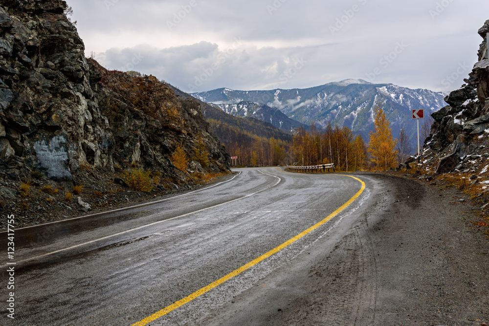 road mountains autumn fog curve