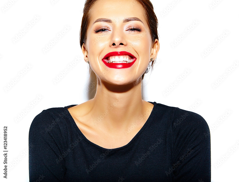 beautiful happy cute sexy brunette woman in casual black dress with red lips on white background beautiful happy cute sexy brunette woman in casual black dress with red lips on white background