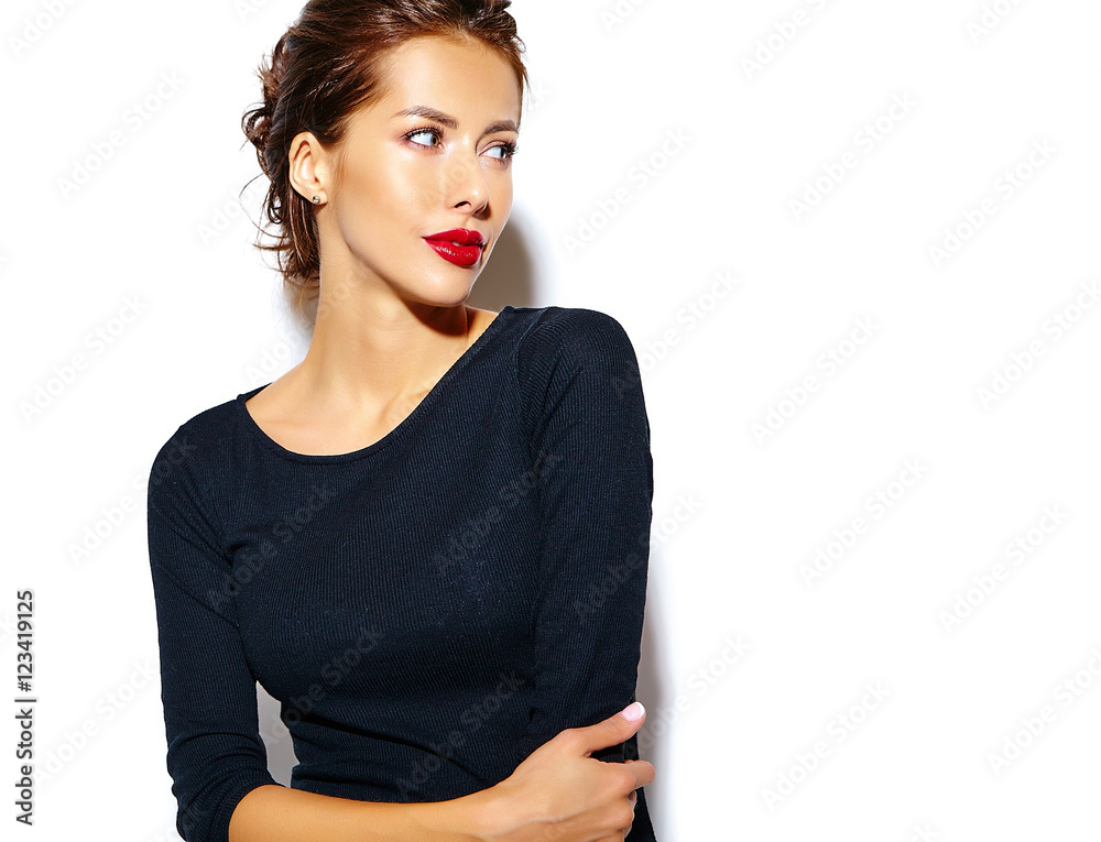 beautiful happy cute sexy brunette woman in casual black dress with red lips on white background.. beautiful happy cute sexy brunette woman in casual black dress with red lips on white background..