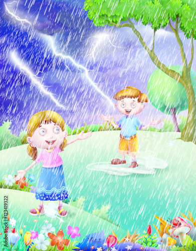 Boy and girl in rain