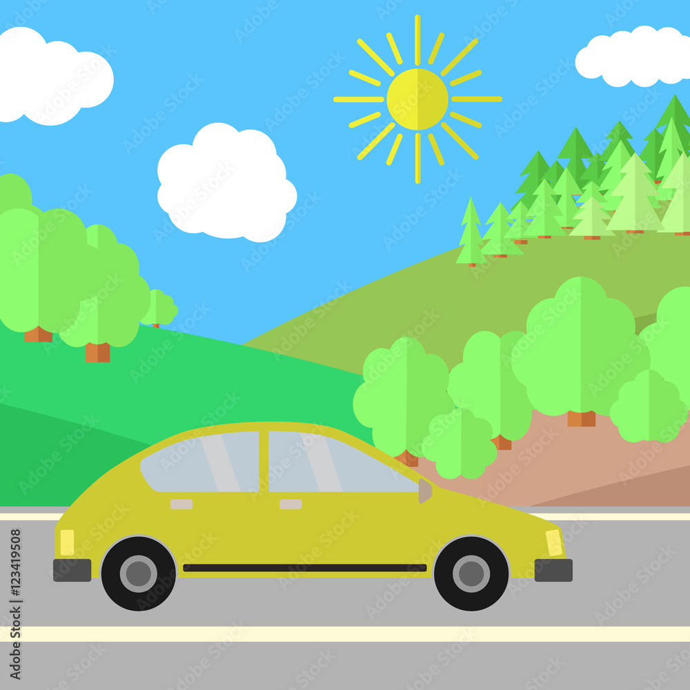 Yellow Car on a Road on a Sunny Day. Summer Travel Illustration. Car over Landscape.
