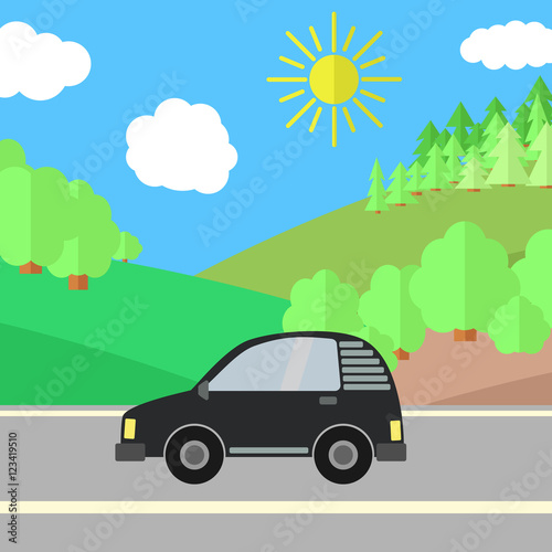 Fototapeta Naklejka Na Ścianę i Meble -  Black Car on a Road on a Sunny Day. Summer Travel Illustration. Car over Landscape.
